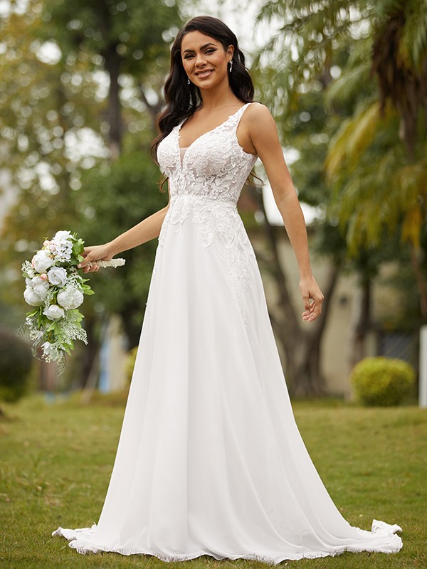 A-Line/Princess Chiffon Lace V-neck Sleeveless Court Train Wedding Dresses 654