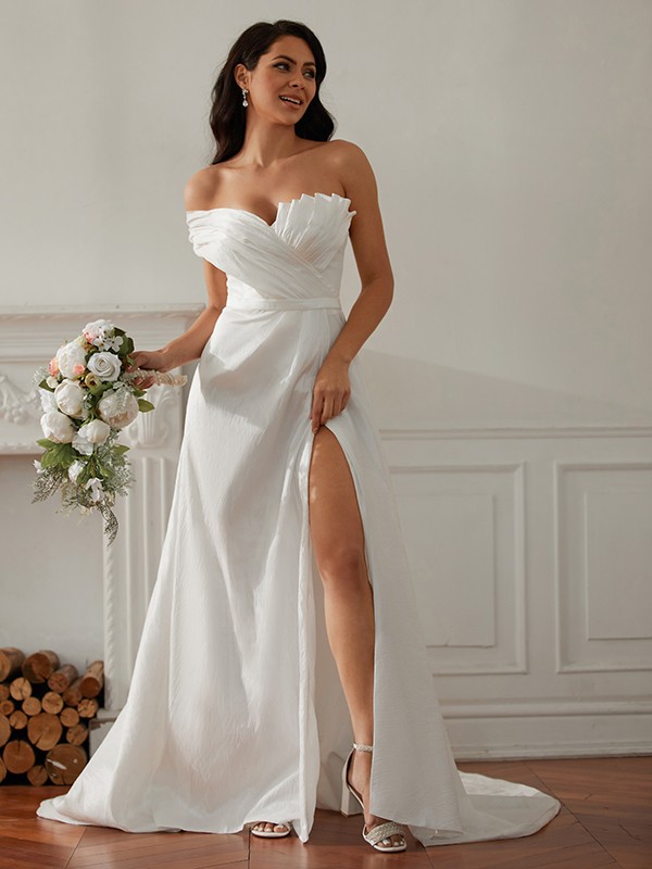 A-Line/Princess Ruched One-Shoulder Sleeveless Sweep/Brush Train Wedding Dresses 777