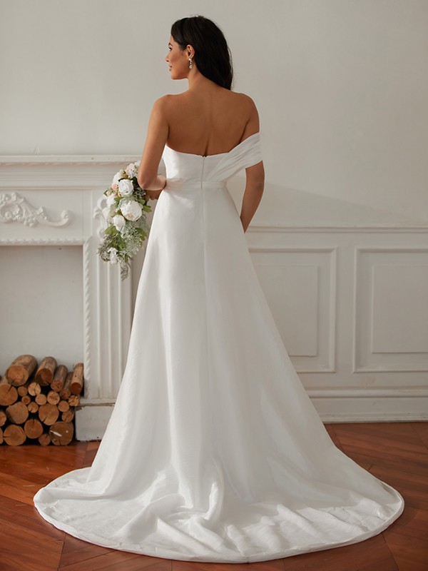 A-Line/Princess Ruched One-Shoulder Sleeveless Sweep/Brush Train Wedding Dresses 777