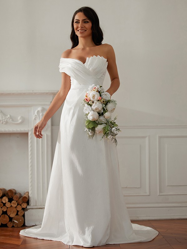 A-Line/Princess Ruched One-Shoulder Sleeveless Sweep/Brush Train Wedding Dresses 777