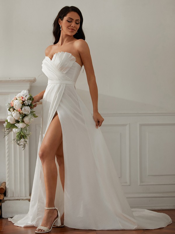 A-Line/Princess Ruched One-Shoulder Sleeveless Sweep/Brush Train Wedding Dresses 777