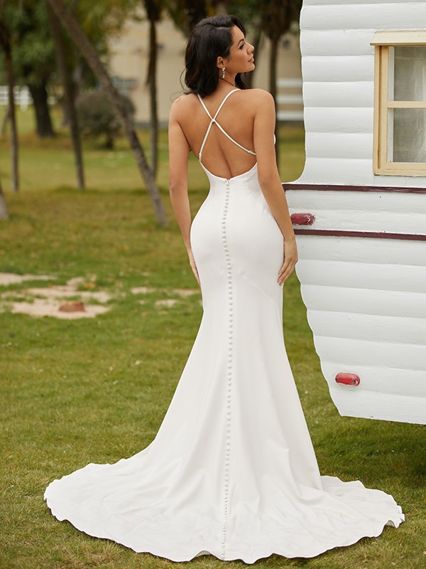 Sheath/Column Stretch Crepe Ruched Spaghetti Straps Sleeveless Court Train Wedding Dresses 1491