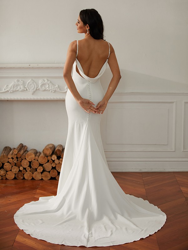 Sheath/Column Stretch Crepe V-neck Sleeveless Court Train Wedding Dresses 1522