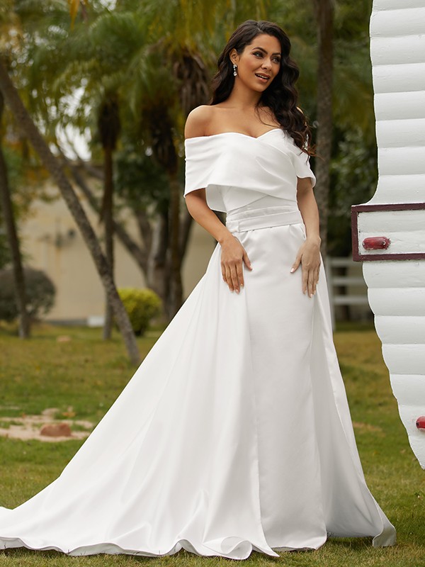 Sheath/Column Satin Ruched Off-the-Shoulder Sleeveless Chapel Train Wedding Dresses 1413