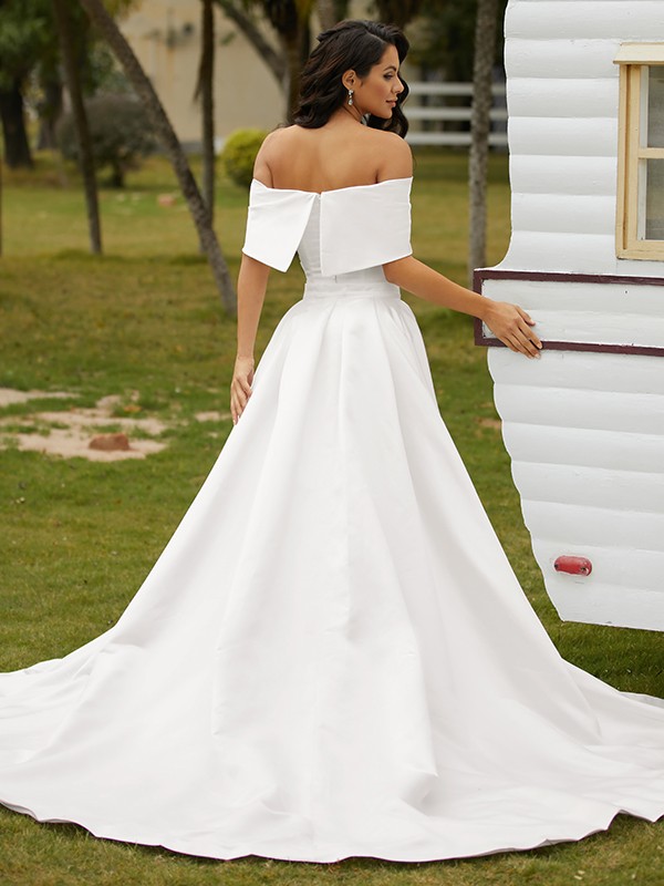 Sheath/Column Satin Ruched Off-the-Shoulder Sleeveless Chapel Train Wedding Dresses 1413