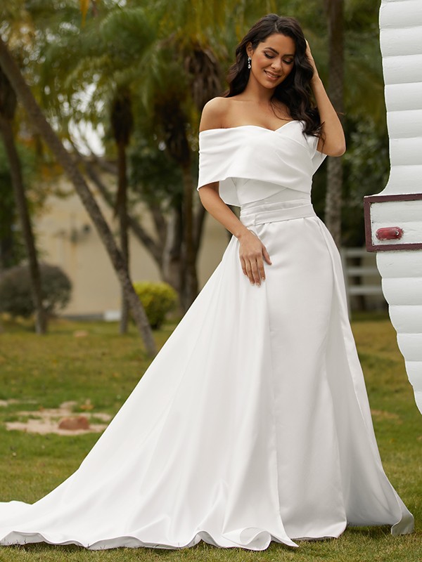 Sheath/Column Satin Ruched Off-the-Shoulder Sleeveless Chapel Train Wedding Dresses 1413