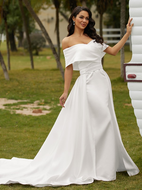 Sheath/Column Satin Ruched Off-the-Shoulder Sleeveless Chapel Train Wedding Dresses 1413