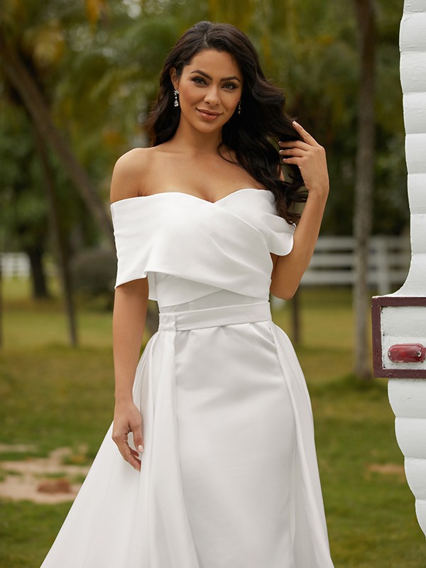 Sheath/Column Satin Ruched Off-the-Shoulder Sleeveless Chapel Train Wedding Dresses 1413