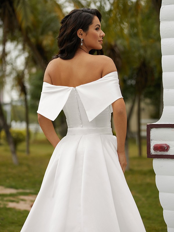 Sheath/Column Satin Ruched Off-the-Shoulder Sleeveless Chapel Train Wedding Dresses 1413