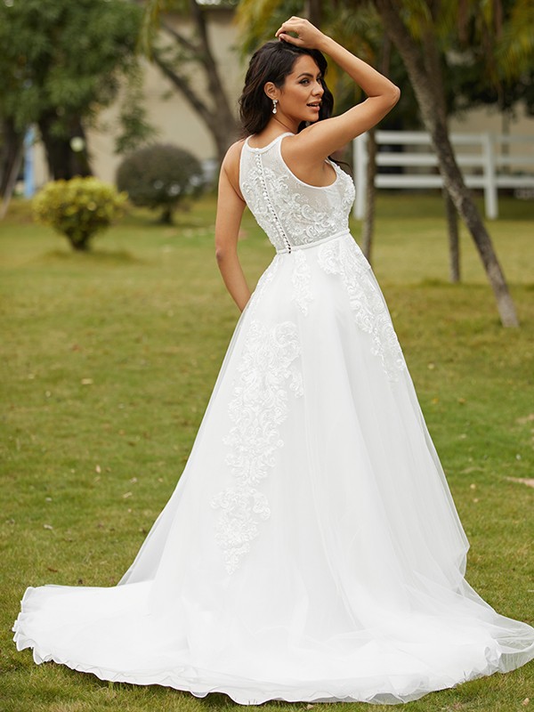 A-Line/Princess Tulle Lace Scoop Sleeveless Sweep/Brush Train Wedding Dresses 1063