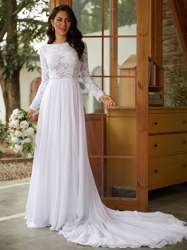 A-Line/Princess Chiffon Lace Scoop Long Sleeves Cathedral Train Wedding Dresses 644