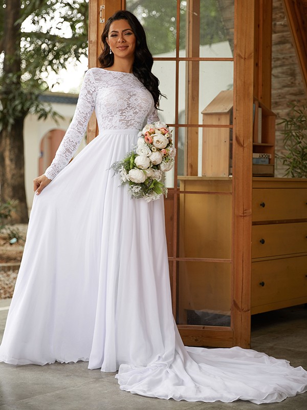 A-Line/Princess Chiffon Lace Scoop Long Sleeves Cathedral Train Wedding Dresses 644