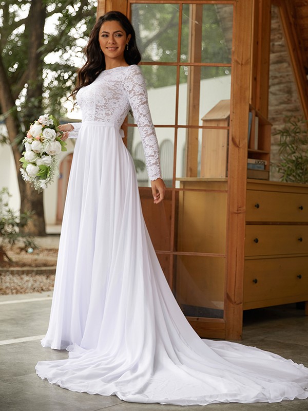 A-Line/Princess Chiffon Lace Scoop Long Sleeves Cathedral Train Wedding Dresses 644