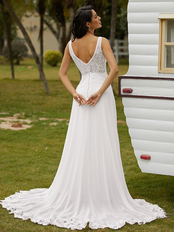 A-Line/Princess Chiffon Lace V-neck Sleeveless Sweep/Brush Train Wedding Dresses 656