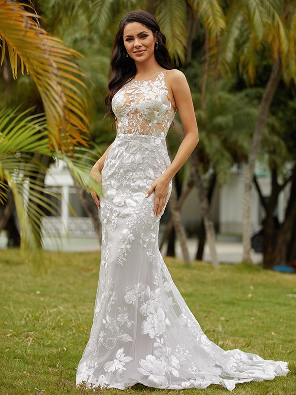 Sheath/Column Lace Scoop Sleeveless Sweep/Brush Train Wedding Dresses 1396