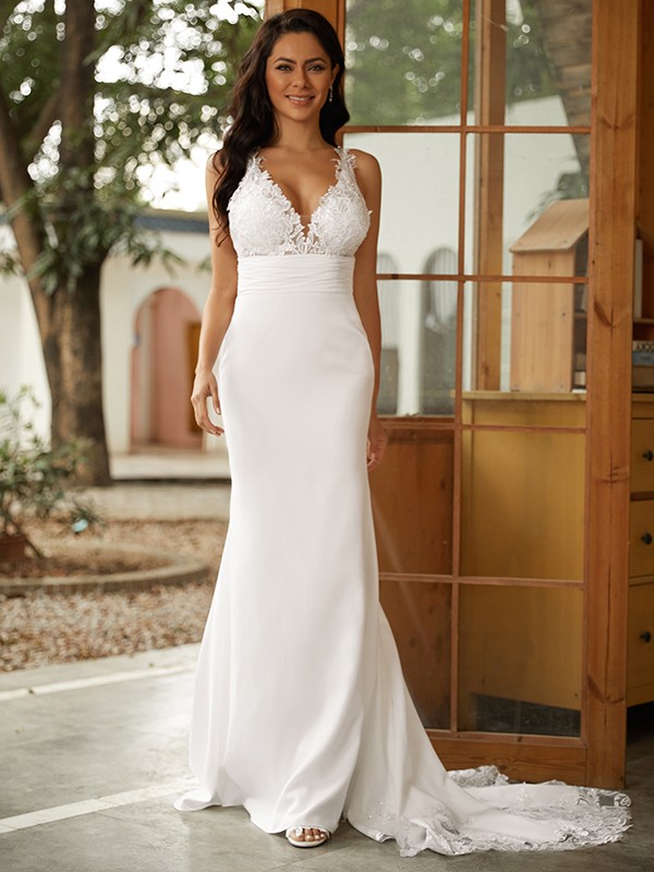 Sheath/Column Stretch Crepe Lace V-neck Sleeveless Sweep/Brush Train Wedding Dresses 1480