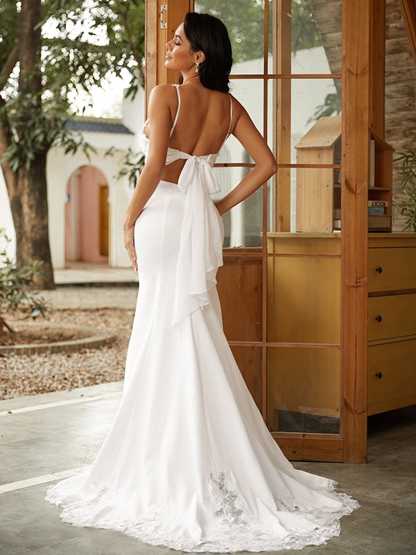 Sheath/Column Stretch Crepe Lace V-neck Sleeveless Sweep/Brush Train Wedding Dresses 1480