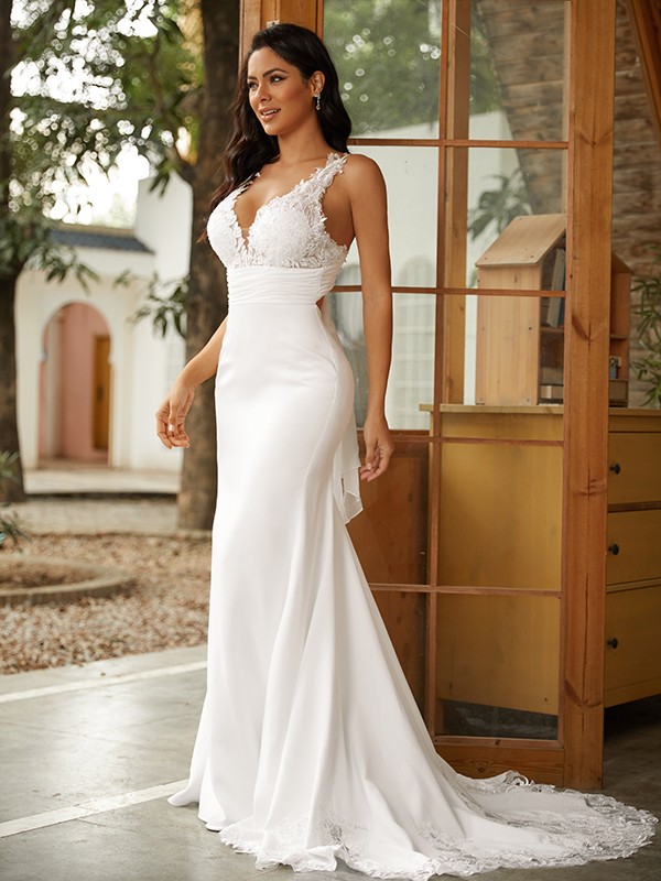 Sheath/Column Stretch Crepe Lace V-neck Sleeveless Sweep/Brush Train Wedding Dresses 1480