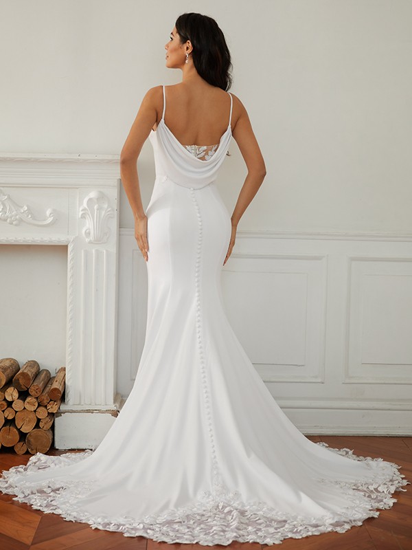 Sheath/Column Stretch Crepe Lace V-neck Sleeveless Court Train Wedding Dresses 1473