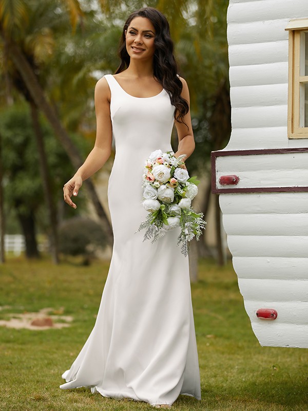 Sheath/Column Stretch Crepe Bowknot Straps Sleeveless Sweep/Brush Train Wedding Dresses 1458