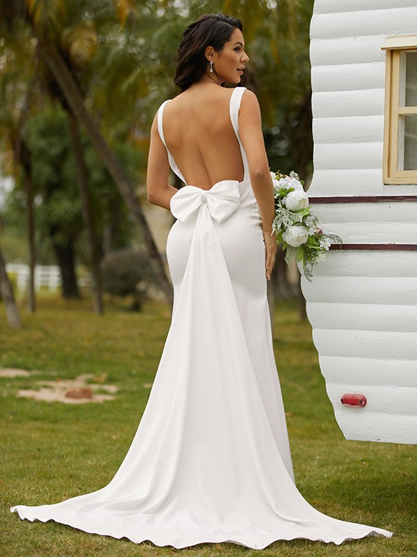 Sheath/Column Stretch Crepe Bowknot Straps Sleeveless Sweep/Brush Train Wedding Dresses 1458