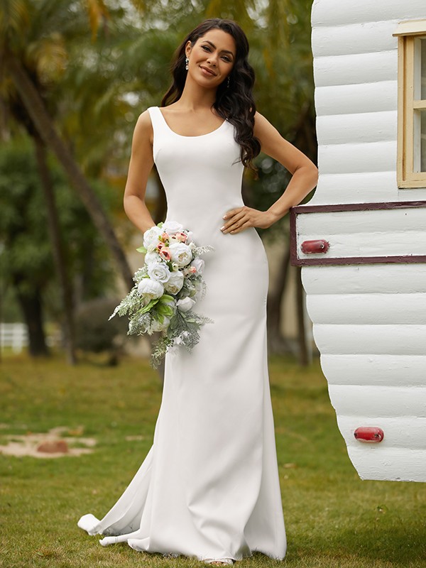 Sheath/Column Stretch Crepe Bowknot Straps Sleeveless Sweep/Brush Train Wedding Dresses 1458