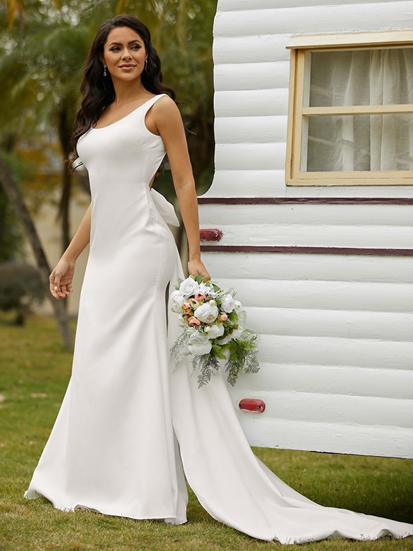 Sheath/Column Stretch Crepe Bowknot Straps Sleeveless Sweep/Brush Train Wedding Dresses 1458