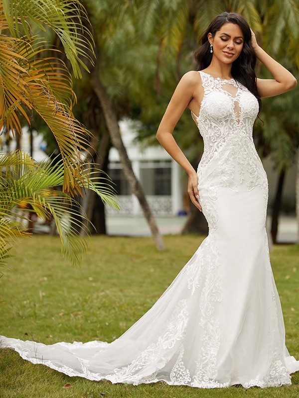 Sheath/Column Stretch Crepe Lace Scoop Sleeveless Cathedral Train Wedding Dresses 1465