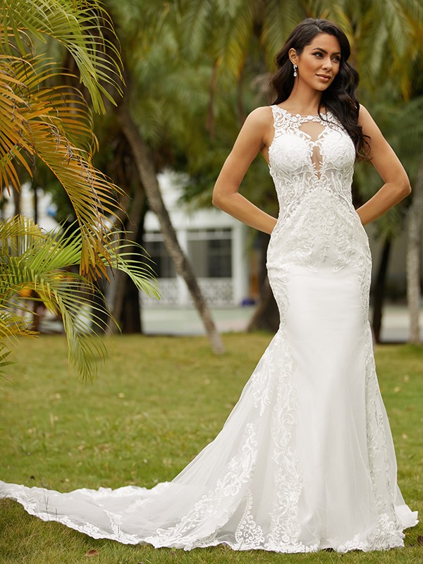 Sheath/Column Stretch Crepe Lace Scoop Sleeveless Cathedral Train Wedding Dresses 1465