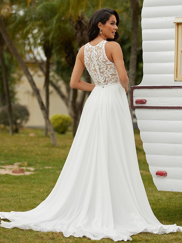 A-Line/Princess Chiffon Lace Scoop Sleeveless Sweep/Brush Train Wedding Dresses 646