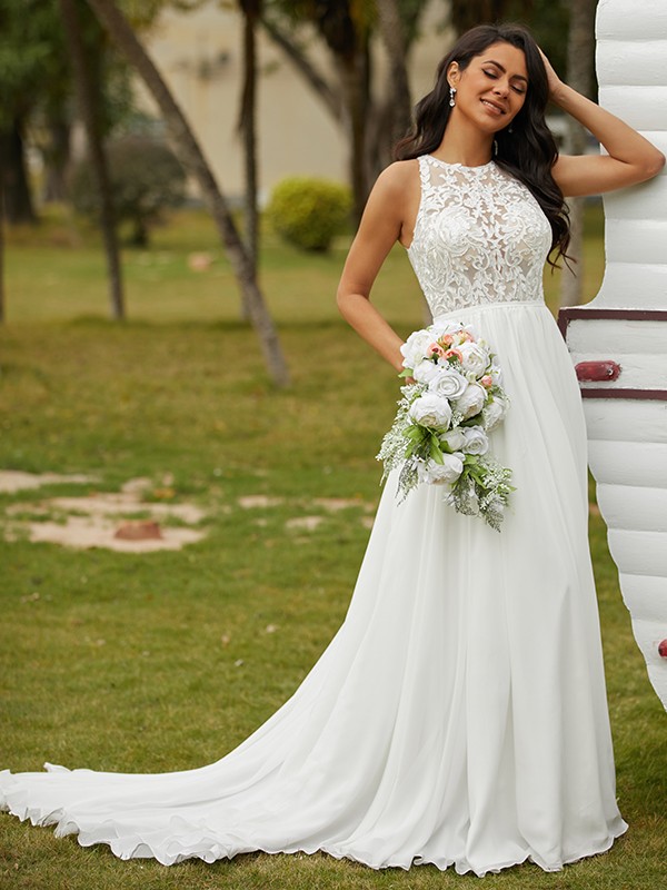 A-Line/Princess Chiffon Lace Scoop Sleeveless Sweep/Brush Train Wedding Dresses 646