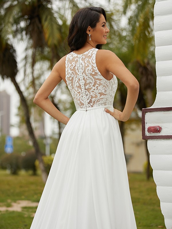 A-Line/Princess Chiffon Lace Scoop Sleeveless Sweep/Brush Train Wedding Dresses 646