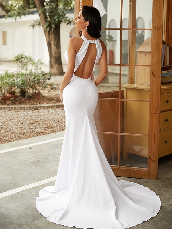 Sheath/Column Stretch Crepe Ruched Scoop Sleeveless Sweep/Brush Train Wedding Dresses 1490