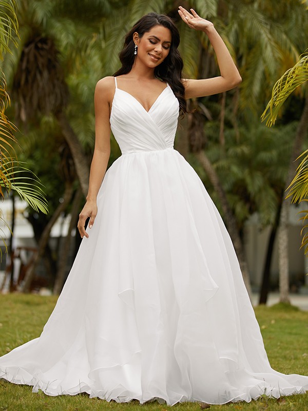 Ball Gown Satin Ruffles V-neck Sleeveless Sweep/Brush Train Wedding Dresses 1231