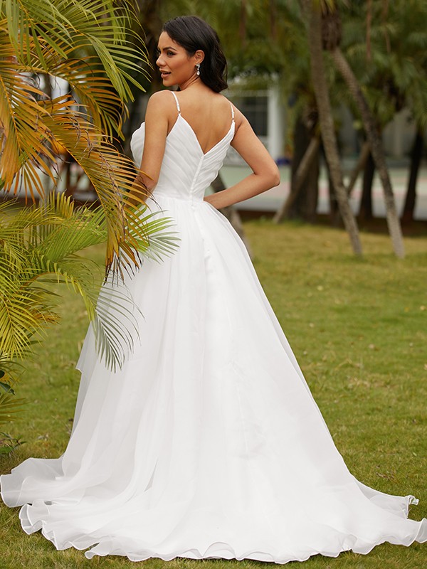 Ball Gown Satin Ruffles V-neck Sleeveless Sweep/Brush Train Wedding Dresses 1231