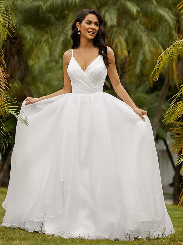 Ball Gown Satin Ruffles V-neck Sleeveless Sweep/Brush Train Wedding Dresses 1231