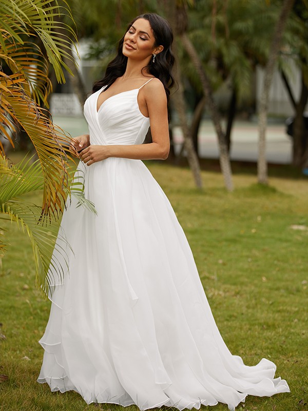 Ball Gown Satin Ruffles V-neck Sleeveless Sweep/Brush Train Wedding Dresses 1231