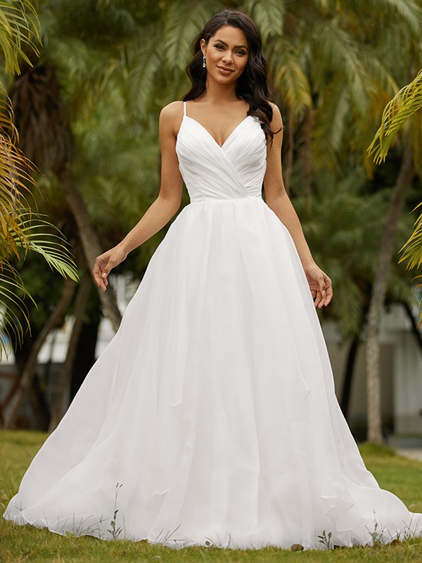 Ball Gown Satin Ruffles V-neck Sleeveless Sweep/Brush Train Wedding Dresses 1231