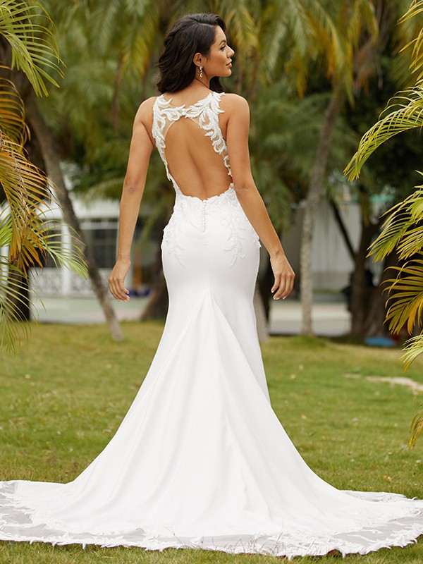 Sheath/Column Stretch Crepe Lace Scoop Sleeveless Sweep/Brush Train Wedding Dresses 1466