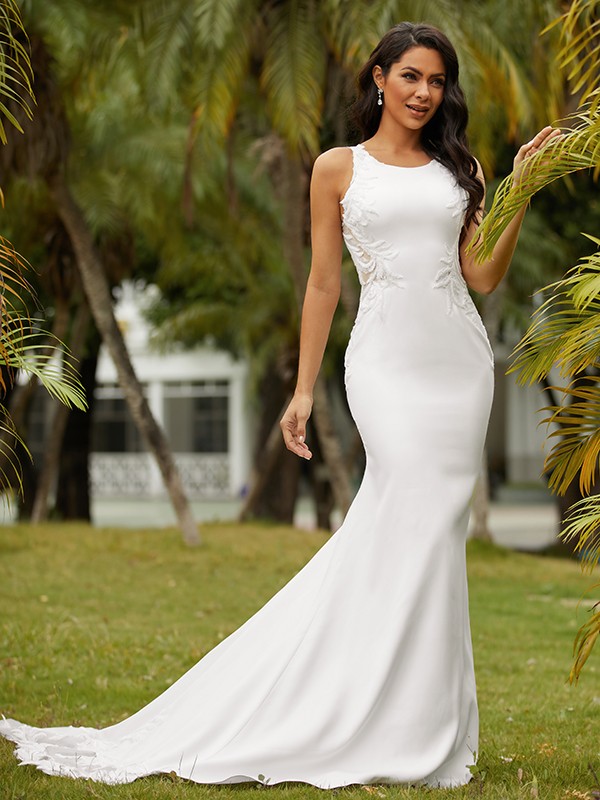 Sheath/Column Stretch Crepe Lace Scoop Sleeveless Sweep/Brush Train Wedding Dresses 1466