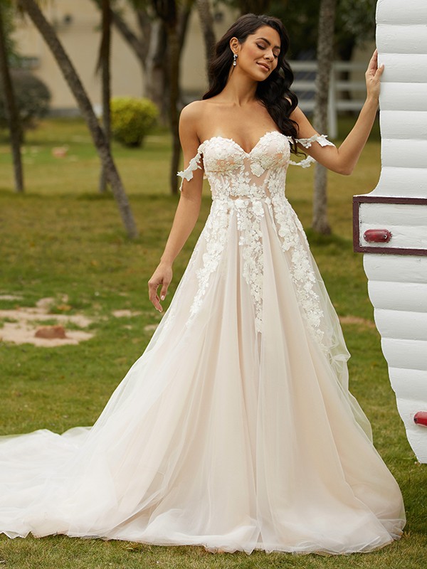 A-Line/Princess Tulle Applique Off-the-Shoulder Sleeveless Chapel Train Wedding Dresses 979