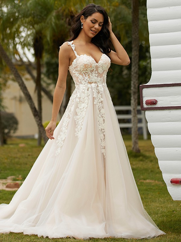 A-Line/Princess Tulle Applique Off-the-Shoulder Sleeveless Chapel Train Wedding Dresses 979