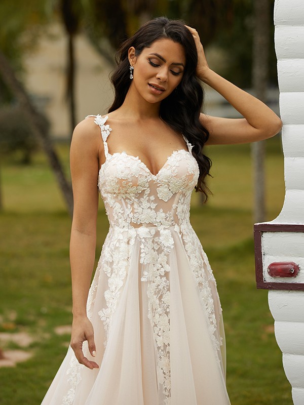 A-Line/Princess Tulle Applique Off-the-Shoulder Sleeveless Chapel Train Wedding Dresses 979