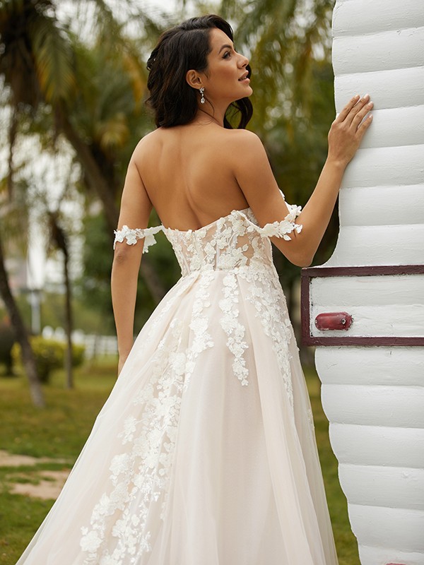 A-Line/Princess Tulle Applique Off-the-Shoulder Sleeveless Chapel Train Wedding Dresses 979