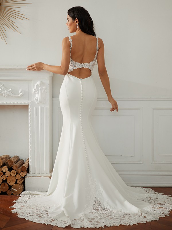 Sheath/Column Stretch Crepe Lace V-neck Sleeveless Sweep/Brush Train Wedding Dresses 1481