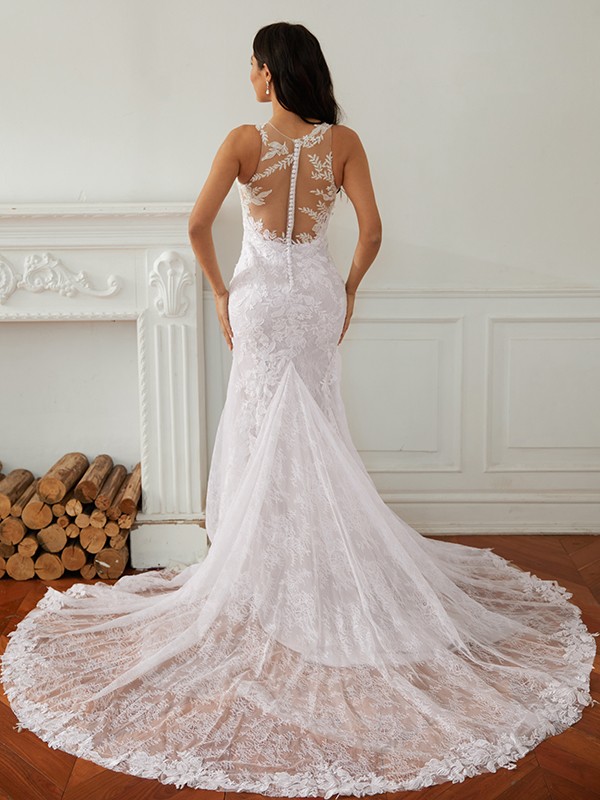 Sheath/Column Lace Scoop Sleeveless Court Train Wedding Dresses 1395