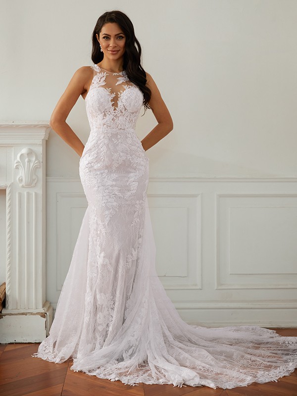 Sheath/Column Lace Scoop Sleeveless Court Train Wedding Dresses 1395