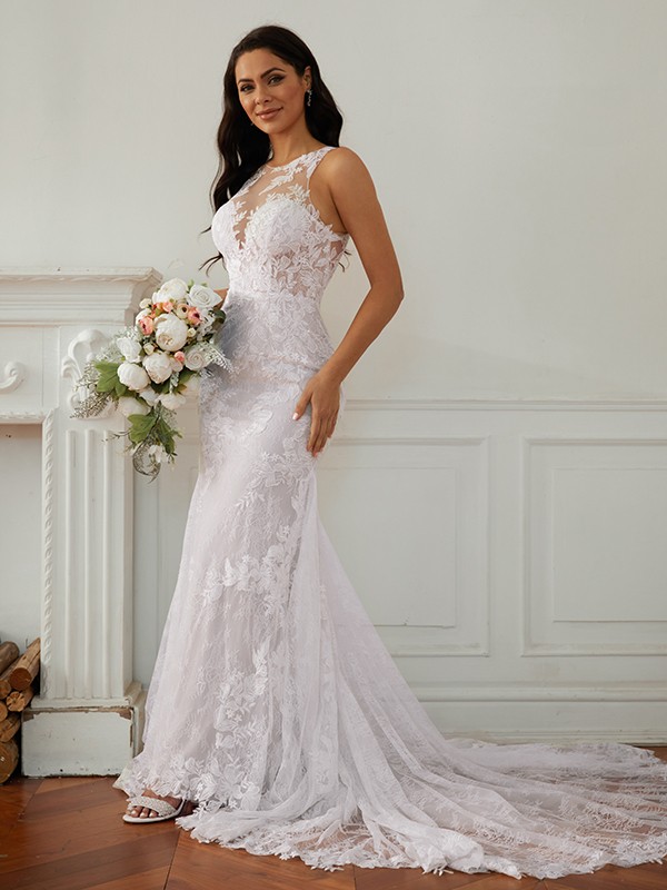 Sheath/Column Lace Scoop Sleeveless Court Train Wedding Dresses 1395