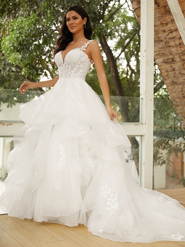 Ball Gown Tulle Applique V-neck Sleeveless Court Train Wedding Dresses 1300