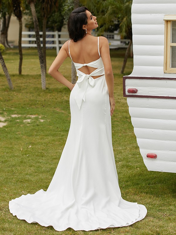 Sheath/Column Stretch Crepe Ruched Spaghetti Straps Sleeveless Sweep/Brush Train Wedding Dresses 1494